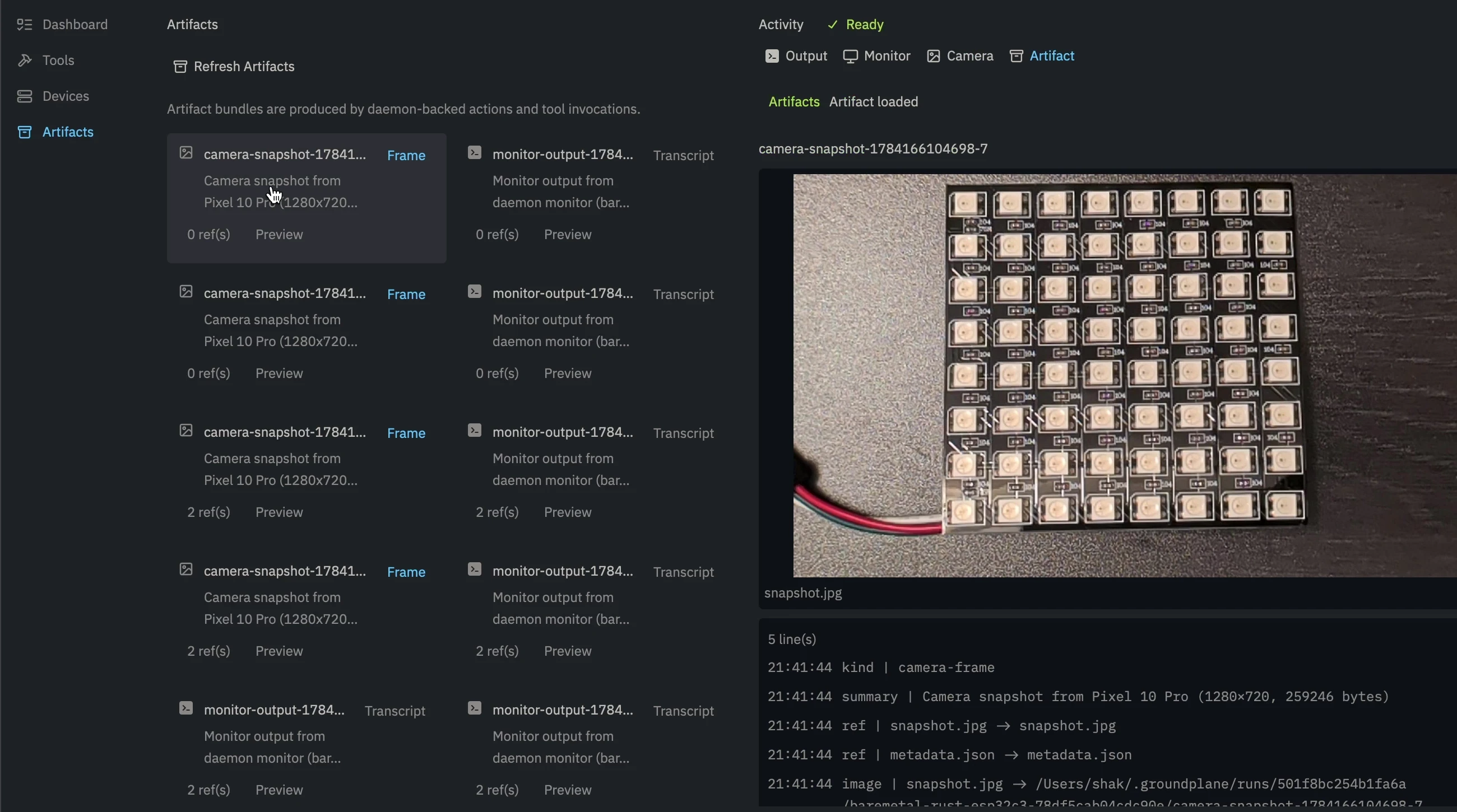 Groundplane artifact viewer with a loaded camera snapshot of an LED matrix