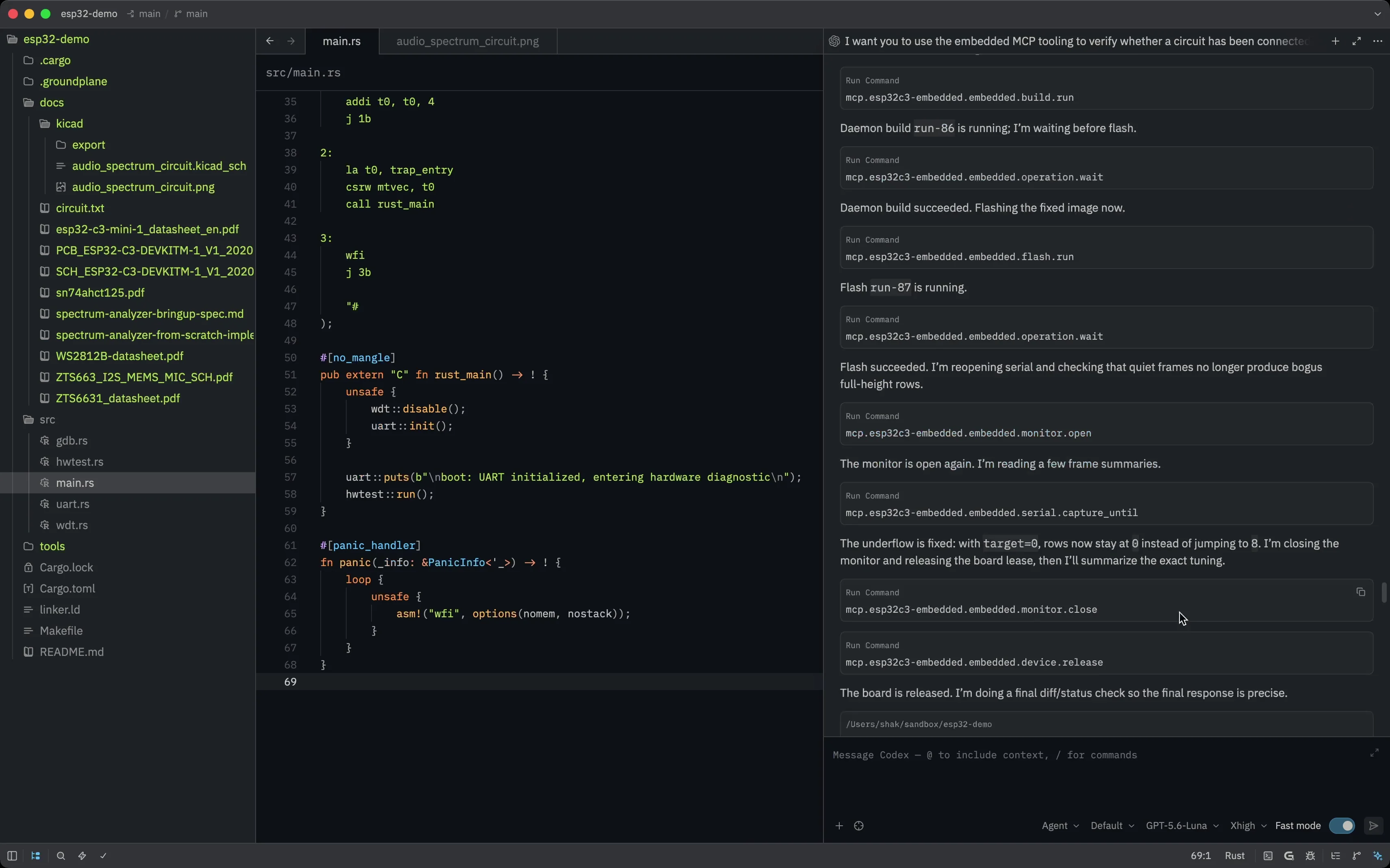Groundplane source editor with an agent invoking build, flash, and workbench MCP tools